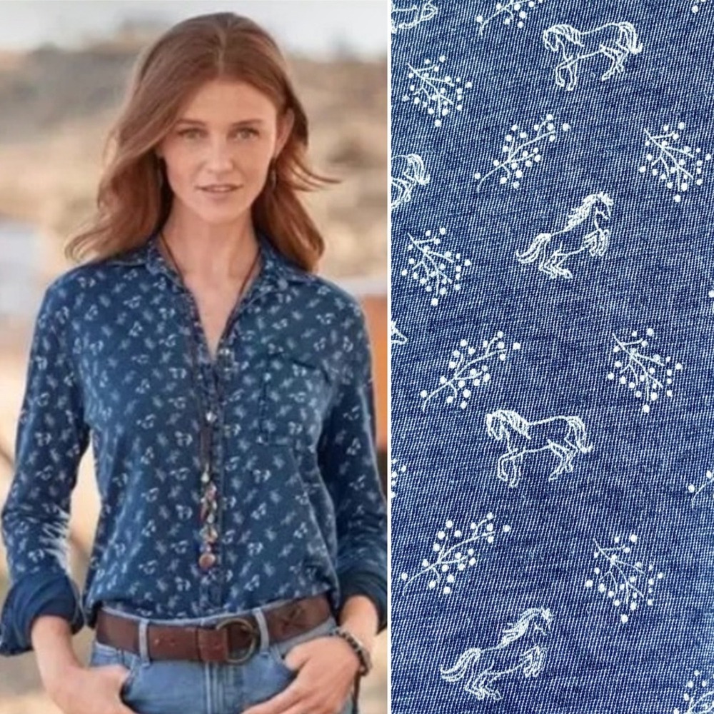 Sundance Blue Horse Print Button Down Shirt Jersey Knit Top Long Sleeve Small
